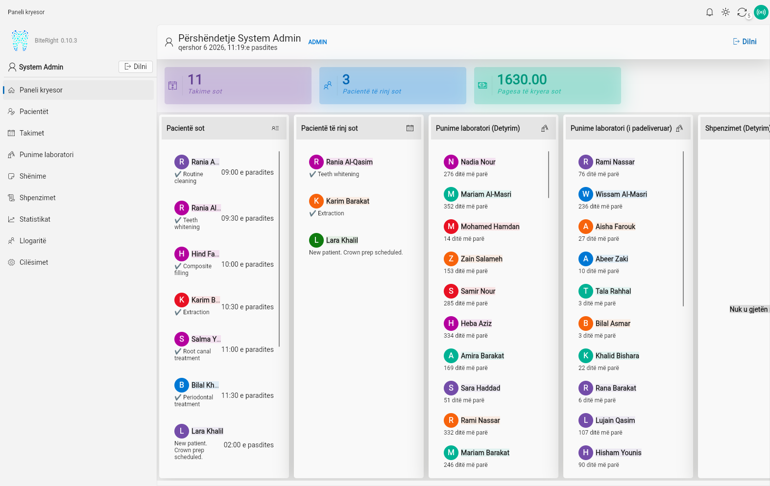 BiteRight dental practice management dashboard showing patient list, appointment overview, and revenue statistics