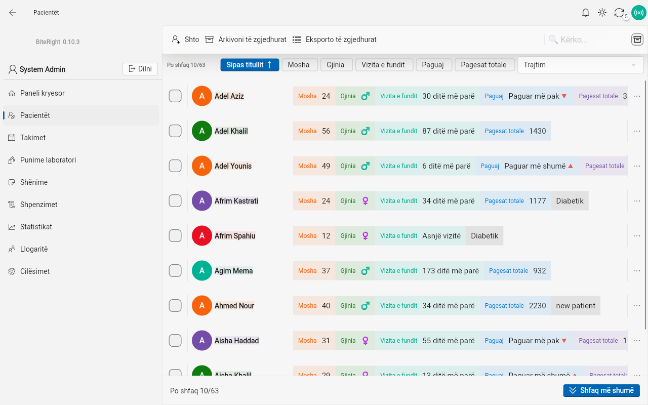 BiteRight patient list — dental patient records management with search, filters and payment balances