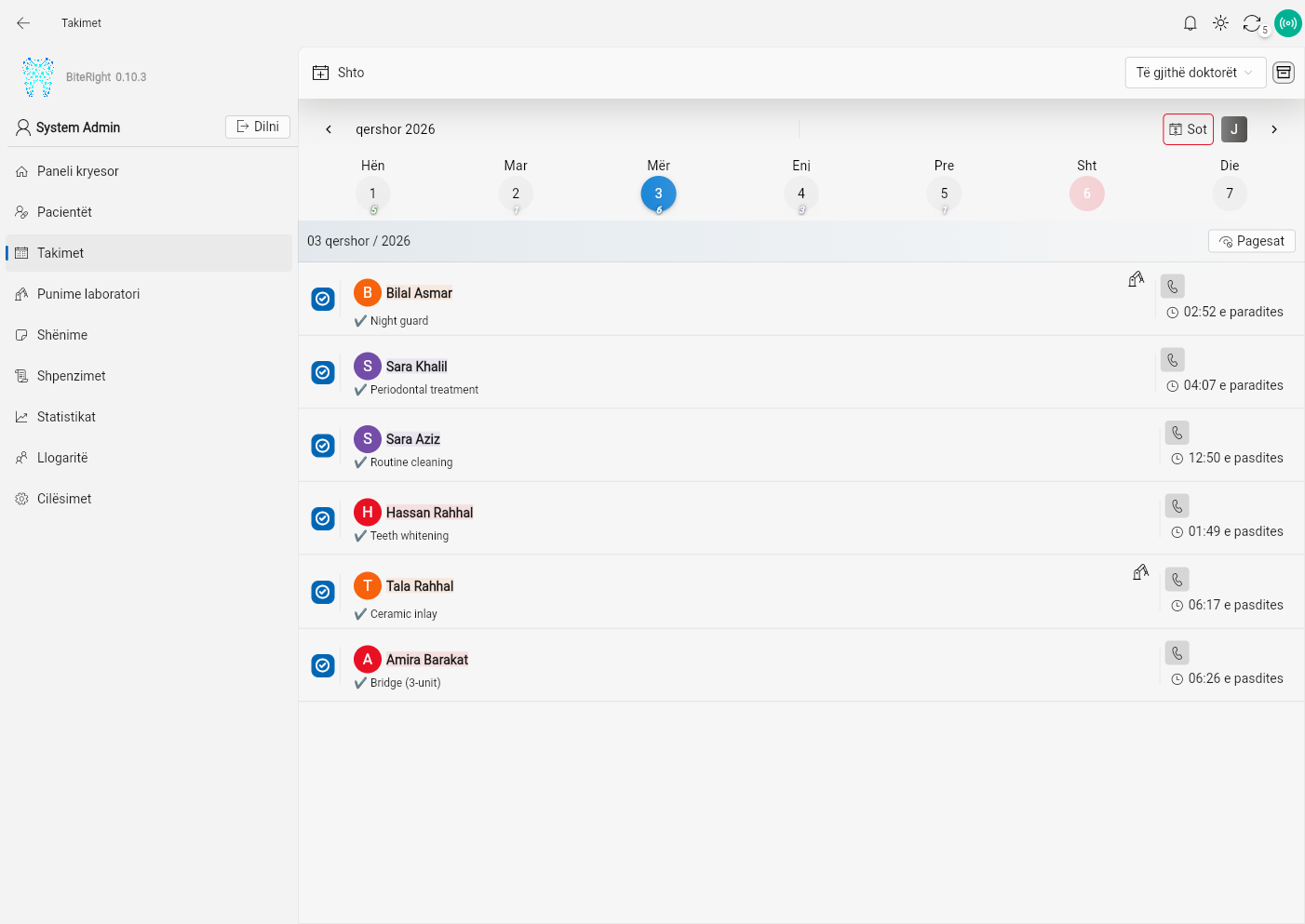 BiteRight appointment calendar — visual dental appointment scheduling with time slots, patient notes and payment tracking