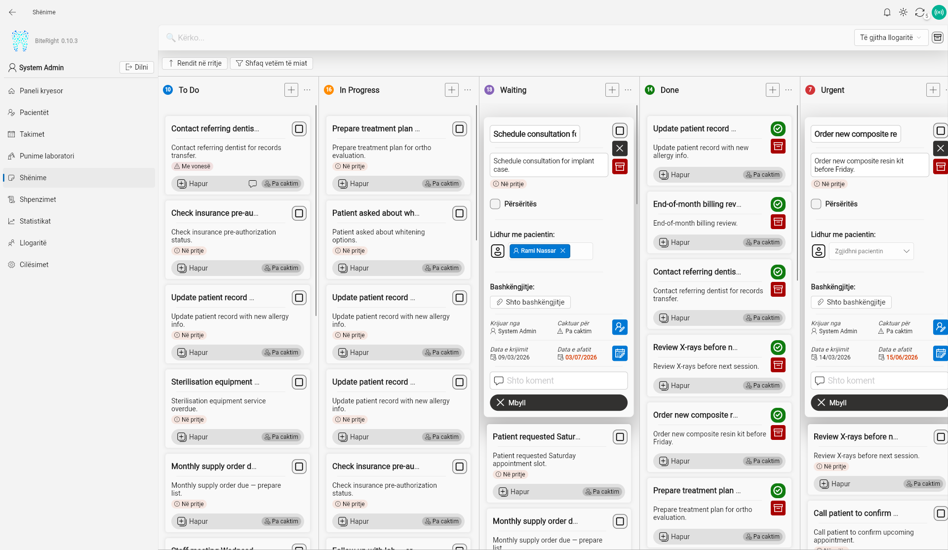 BiteRight team task board — Kanban view for dental clinic staff task management and collaboration