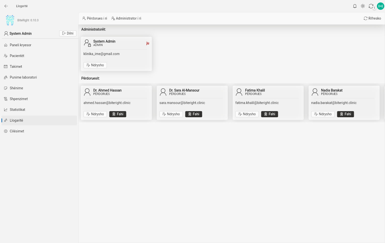BiteRight staff accounts — dental clinic team management with role-based access control and permissions